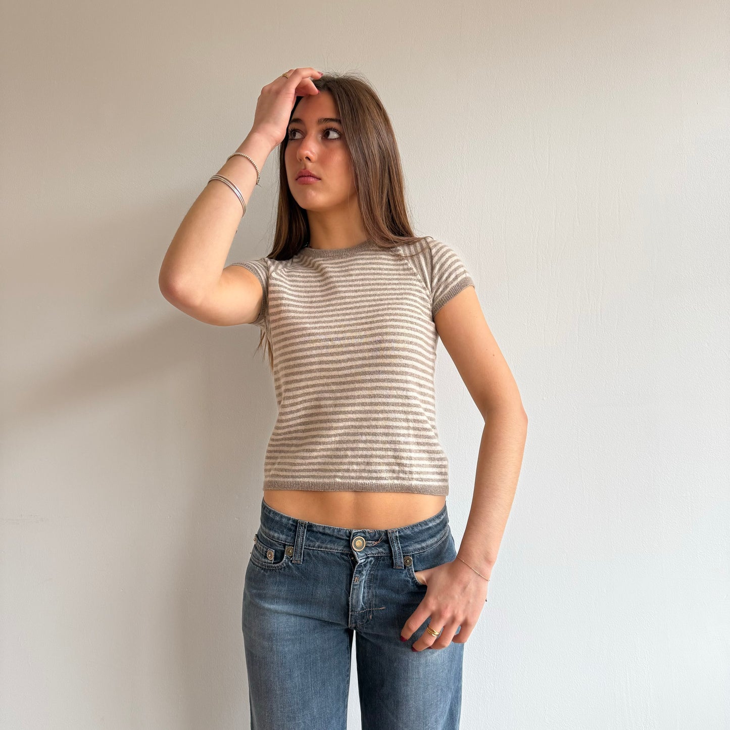 Beige stripe knit tshirt - Size XS