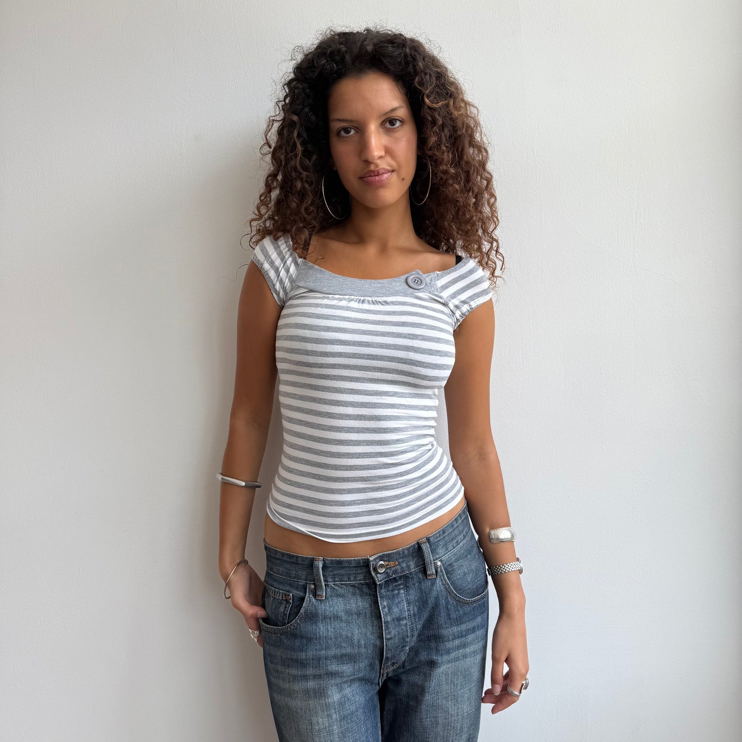 Grey stripe button top - Size XS
