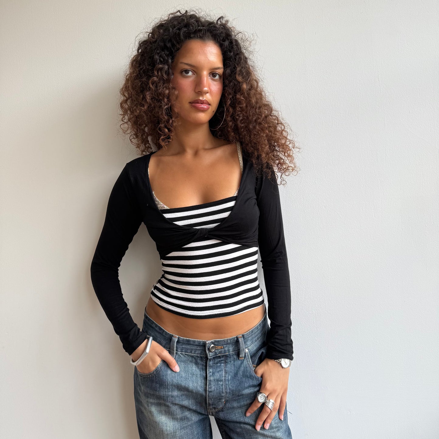 Black and white long sleeve wrap top - S