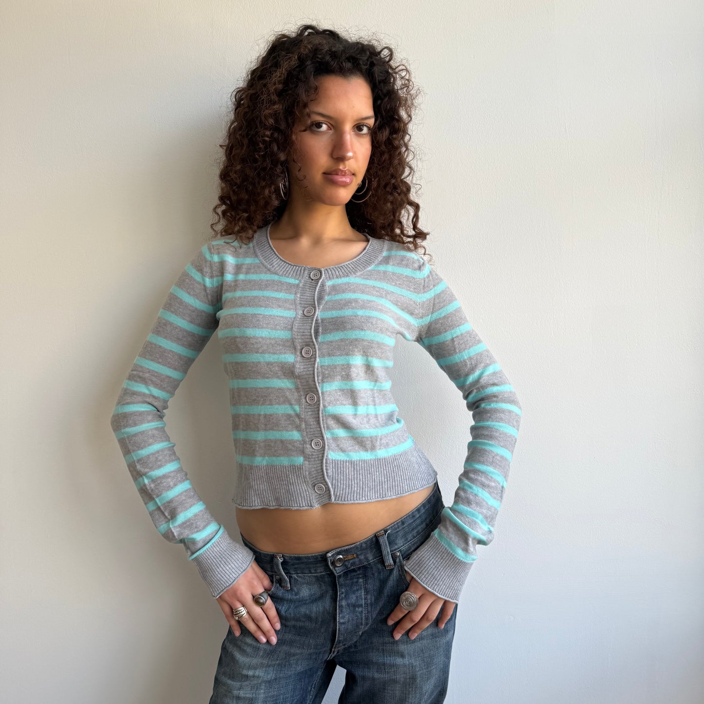 Turquoise + grey striped cardi- Size M