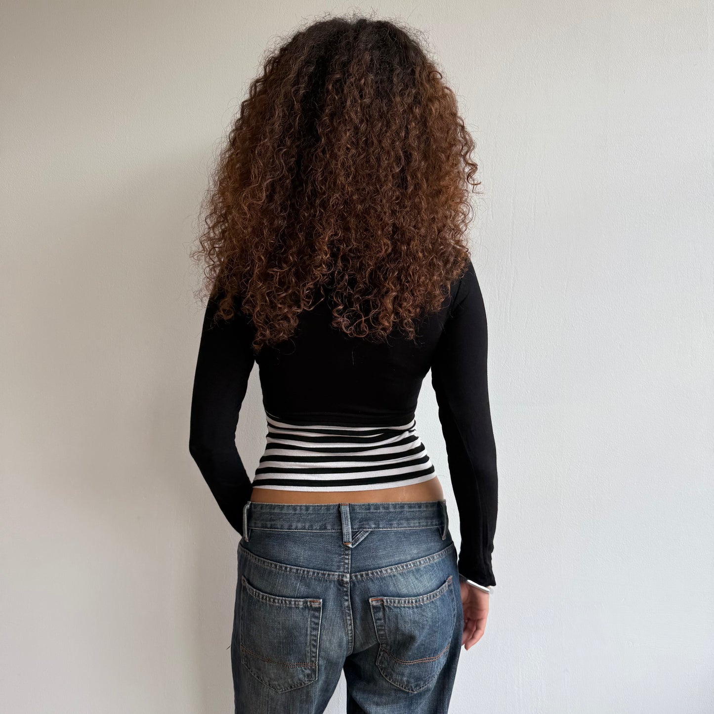 Black and white long sleeve wrap top - S