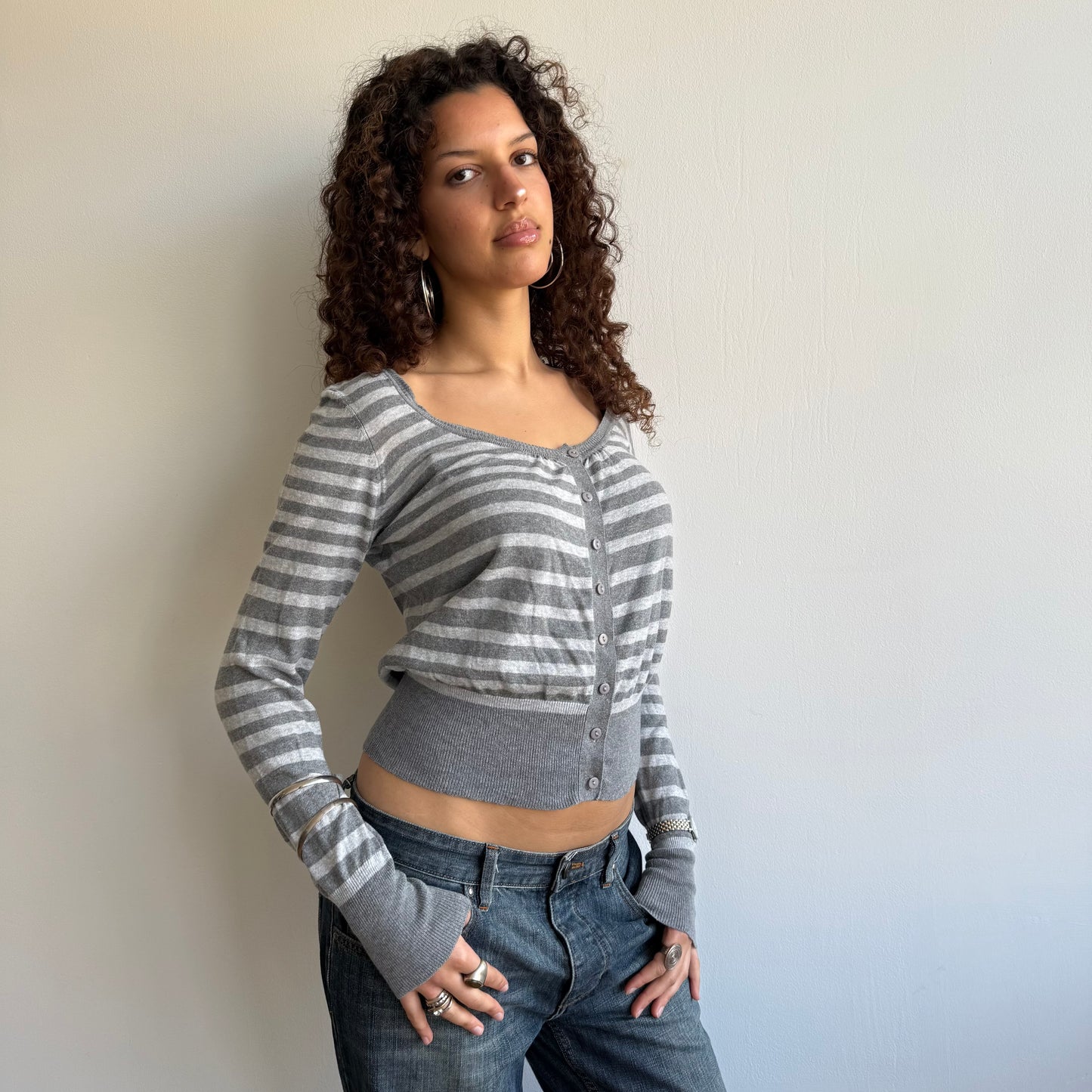Light grey striped cardi - Size M