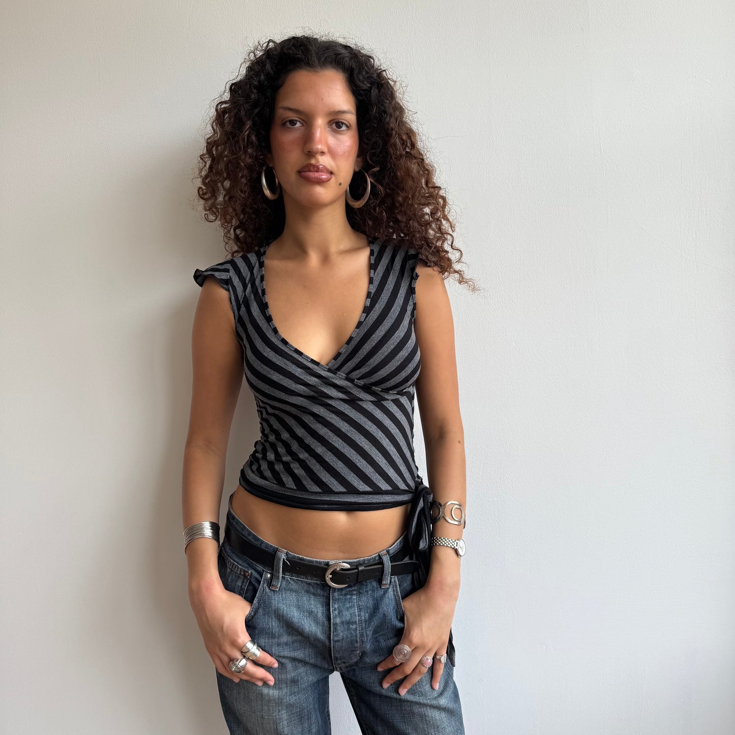 Black + grey stripe wrap t-shirt - Size S