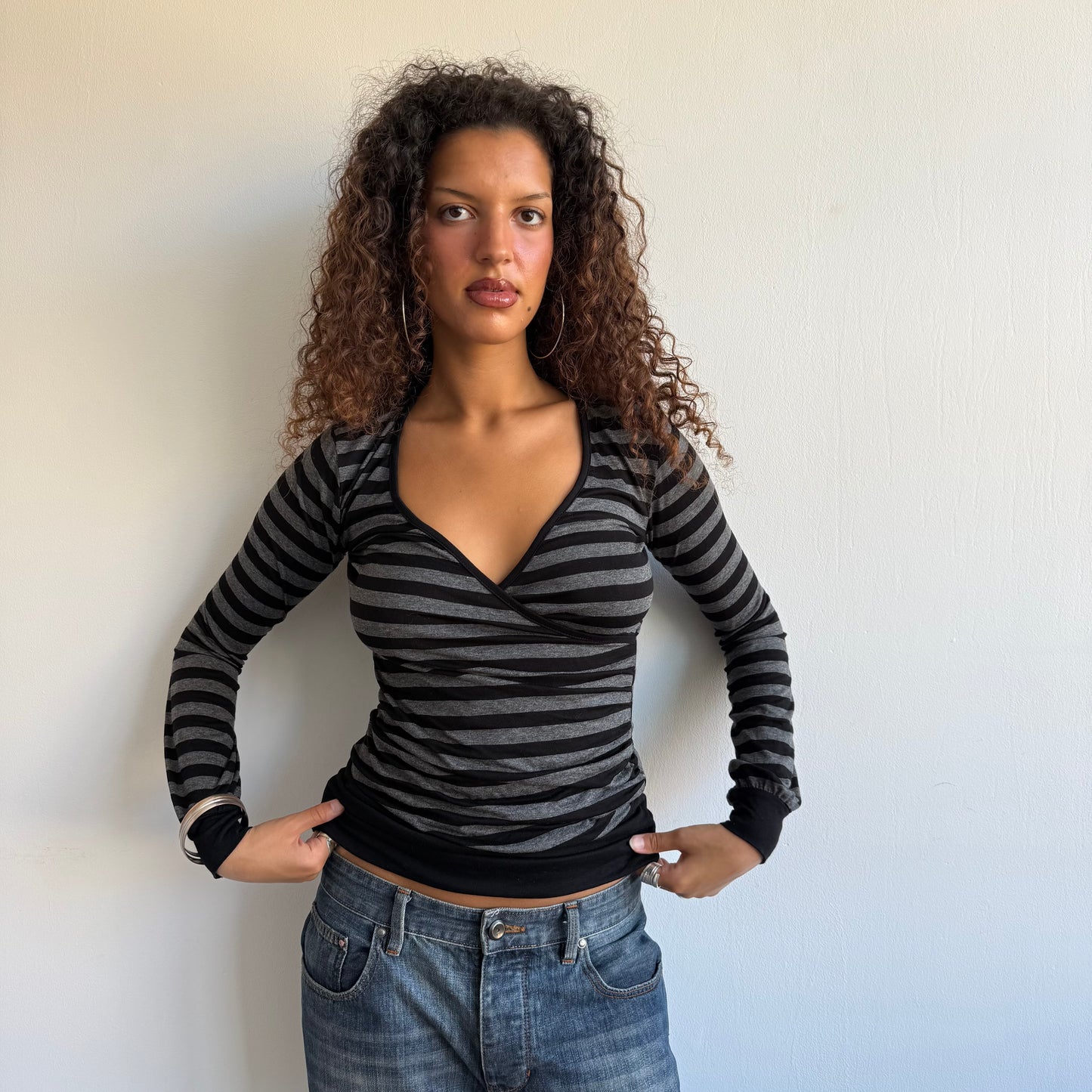 Black + grey striped wrap top - Size M