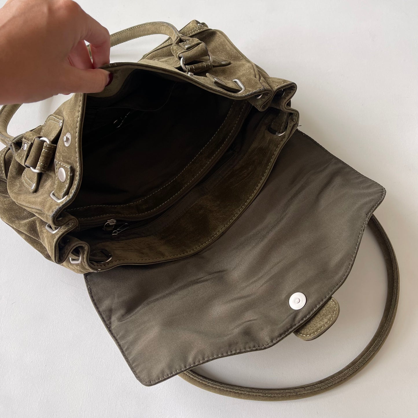 Khaki suede buckle bag