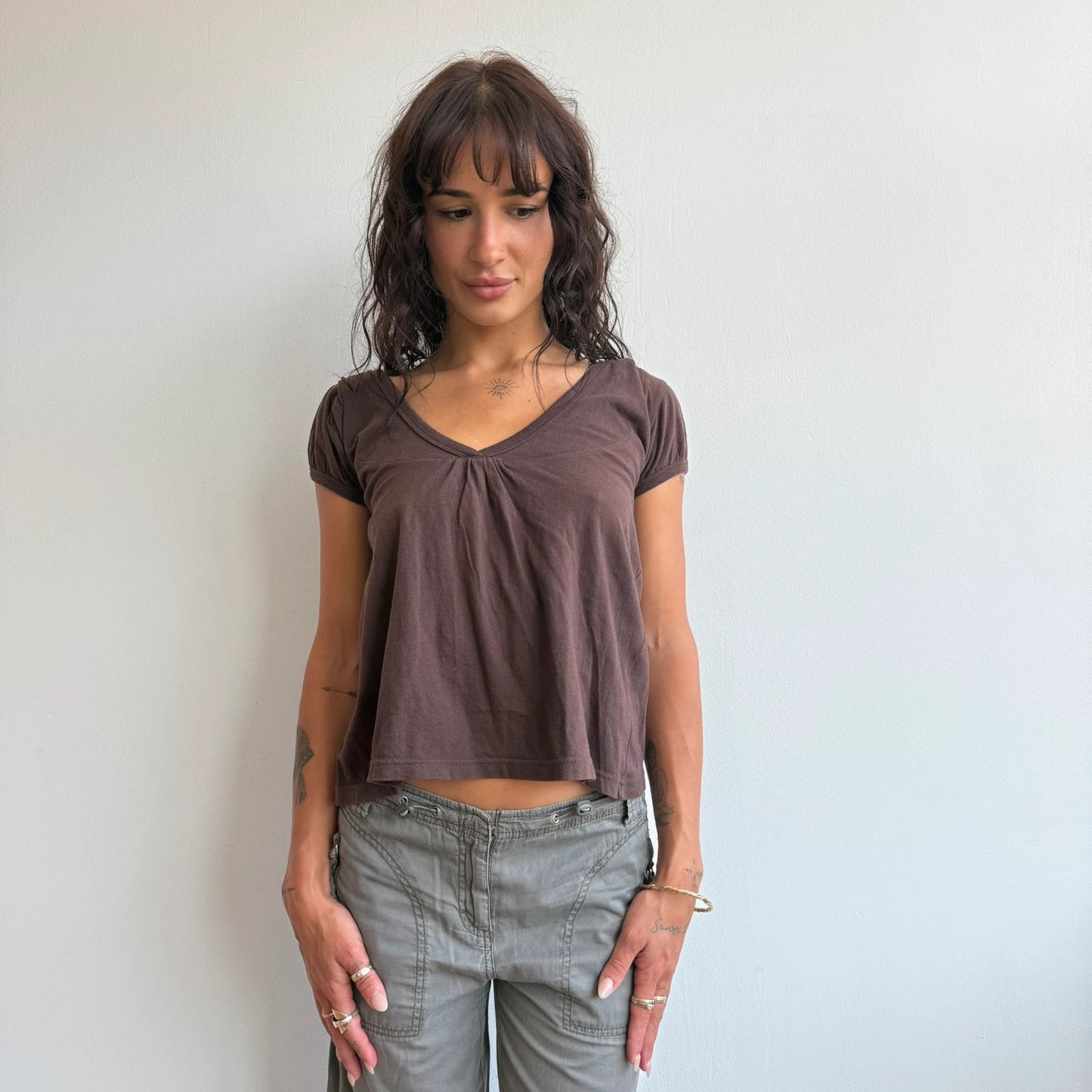 Darker brown hooded tshirt top - Size S