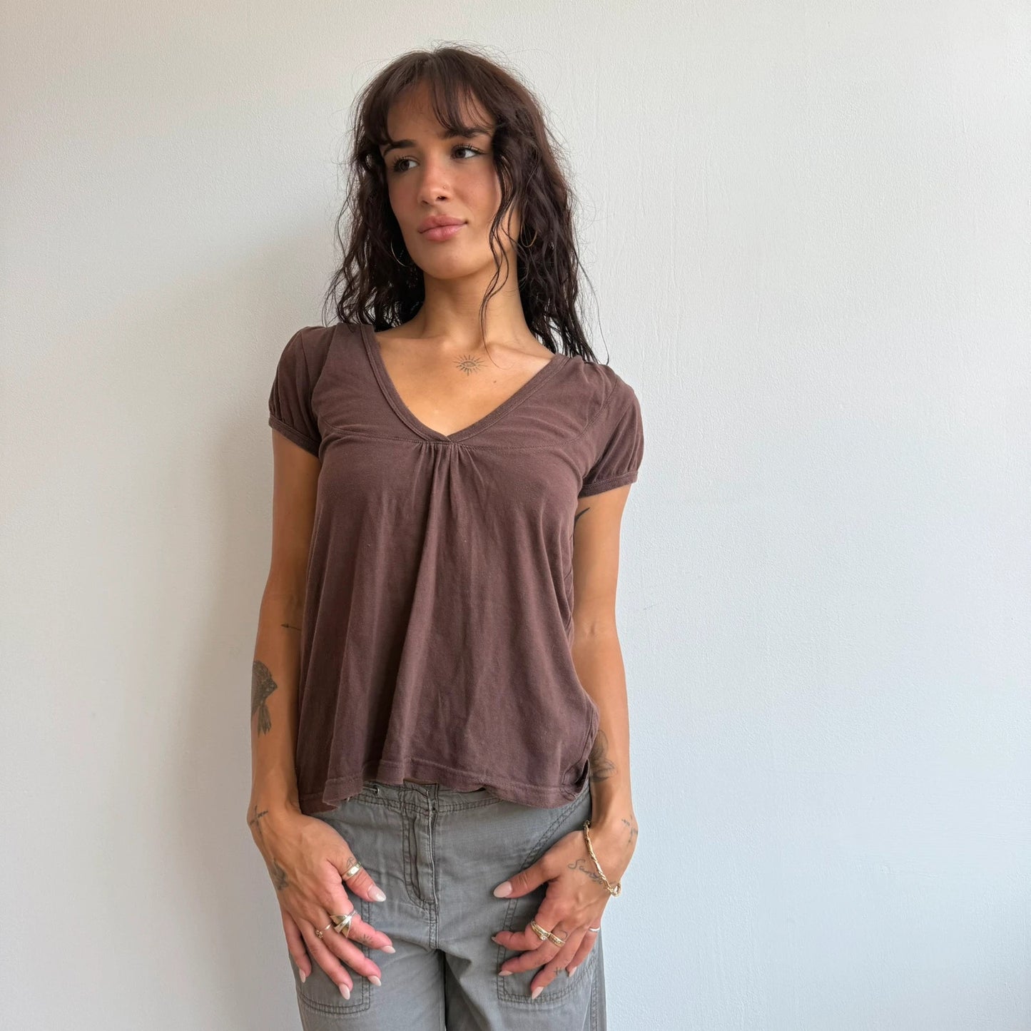 Lighter brown hooded v neck top - Size S