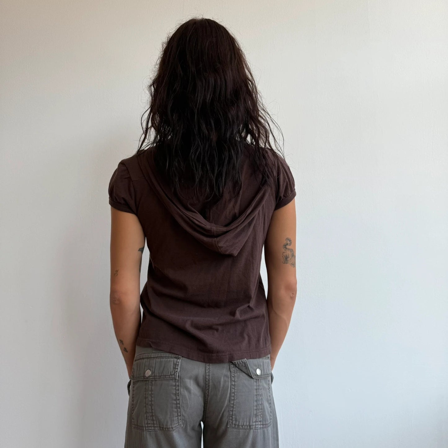 Darker brown hooded tshirt top - Size S