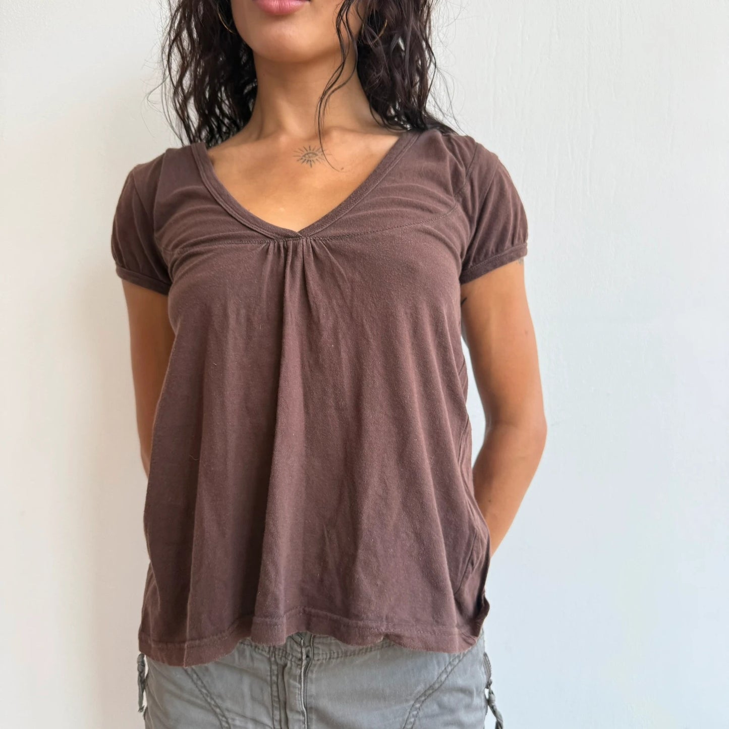 Lighter brown hooded v neck top - Size S