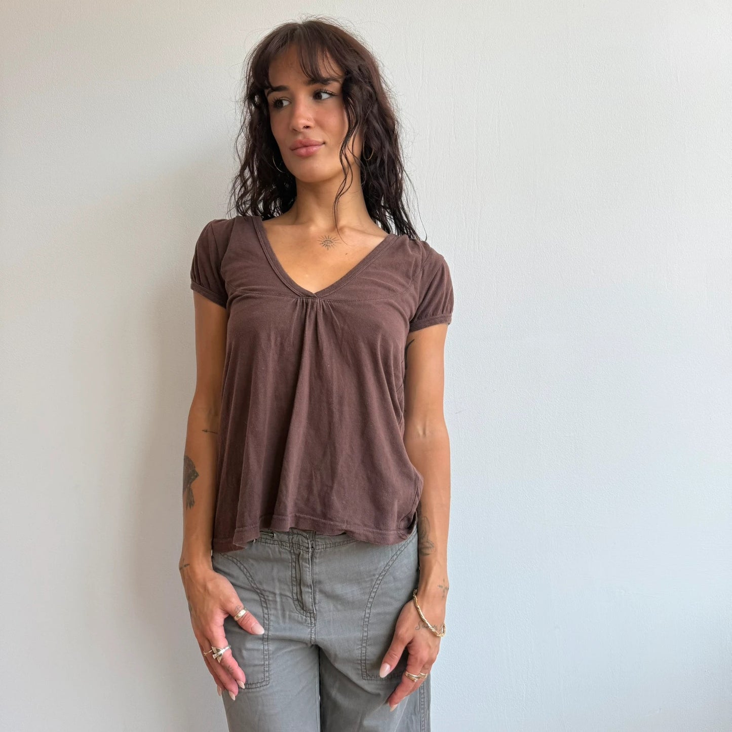 Lighter brown hooded v neck top - Size S