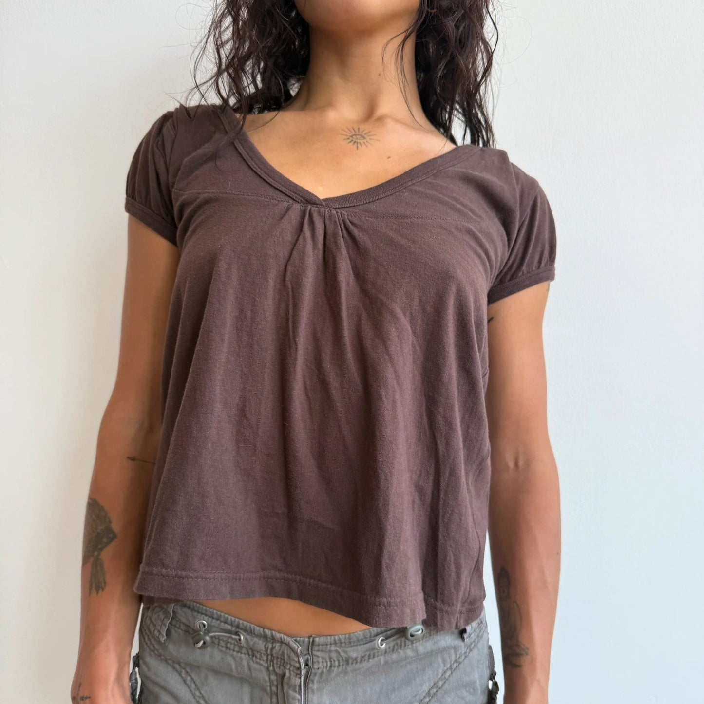 Darker brown hooded tshirt top - Size S