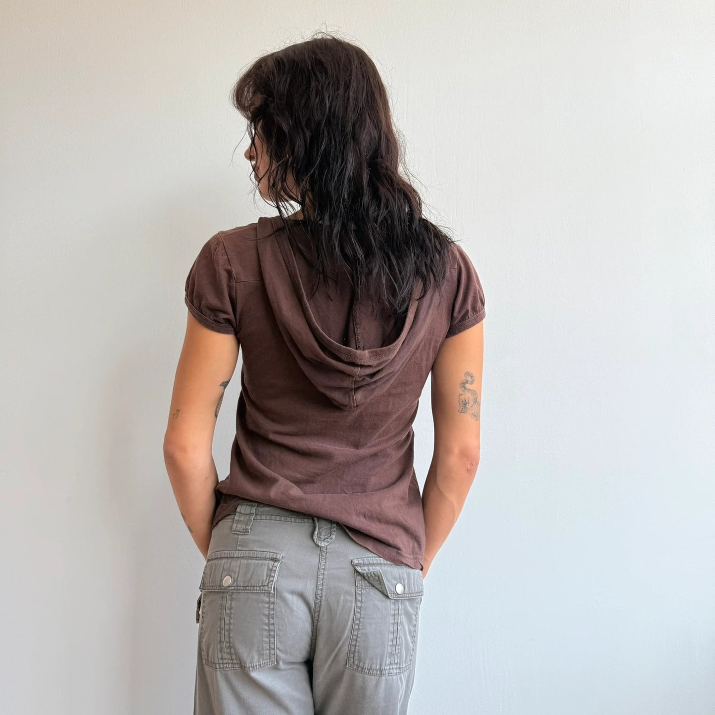 Lighter brown hooded v neck top - Size S