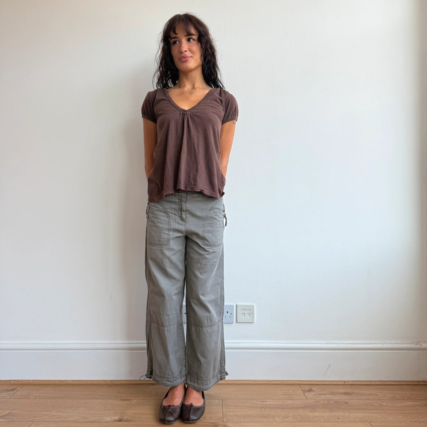 Lighter brown hooded v neck top - Size S