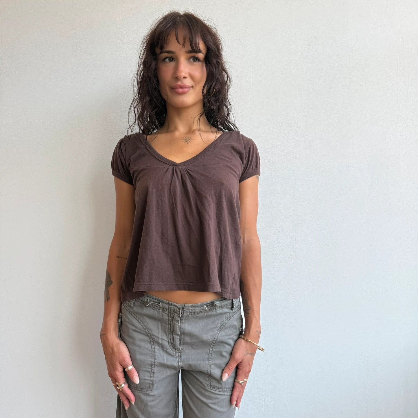 Darker brown hooded tshirt top - Size S