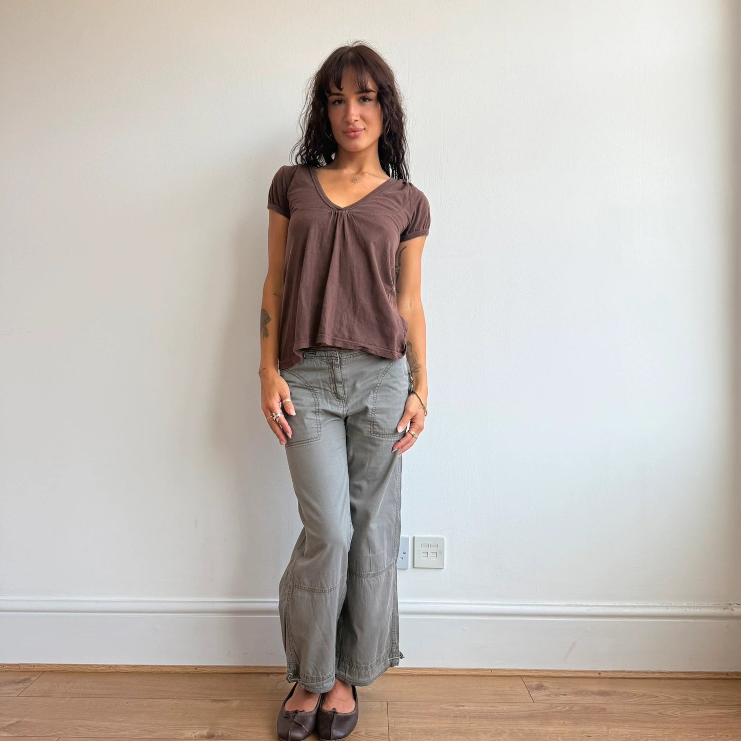 Lighter brown hooded v neck top - Size S