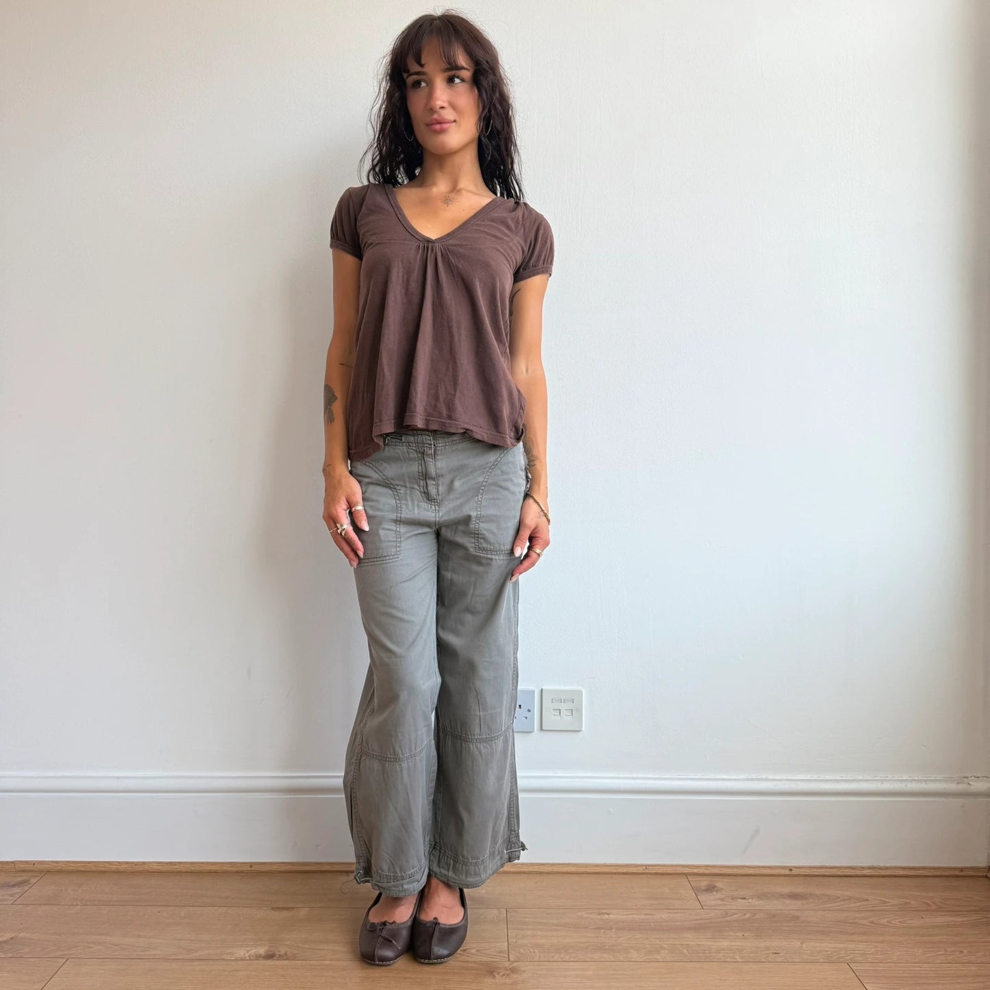 Lighter brown hooded v neck top - Size S