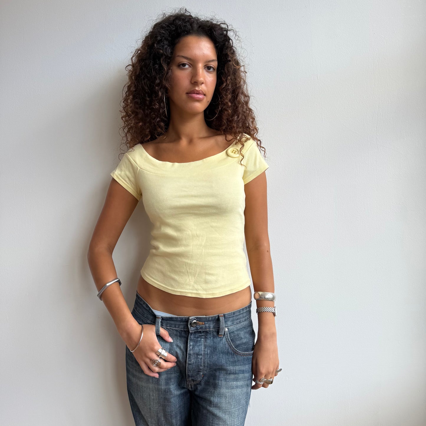 Yellow Bardot button top - Size S
