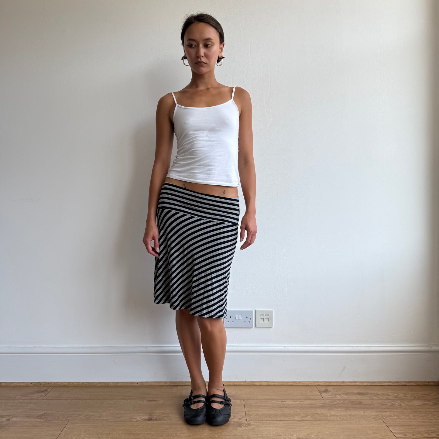 Black + grey striped midi skirt - Size S