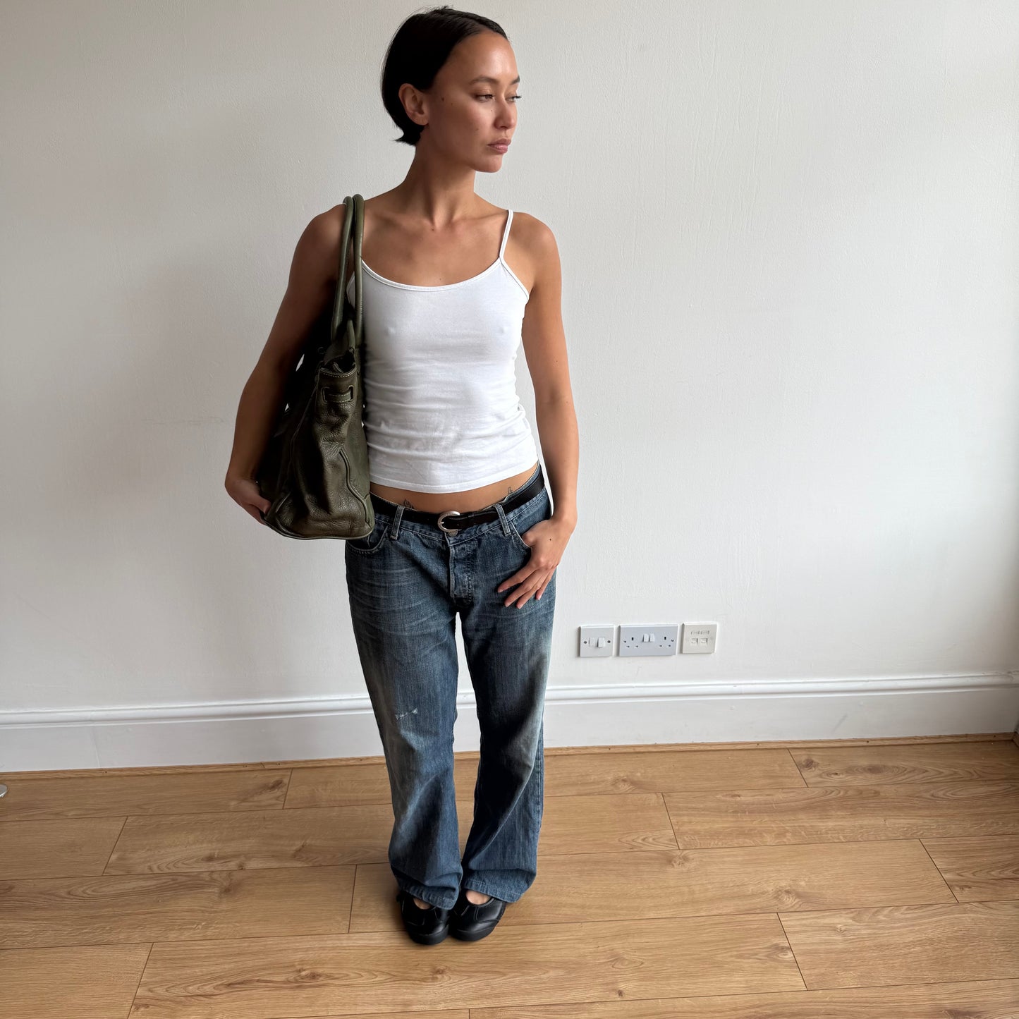 Moss green leather ‘firkin’ bag - One Size