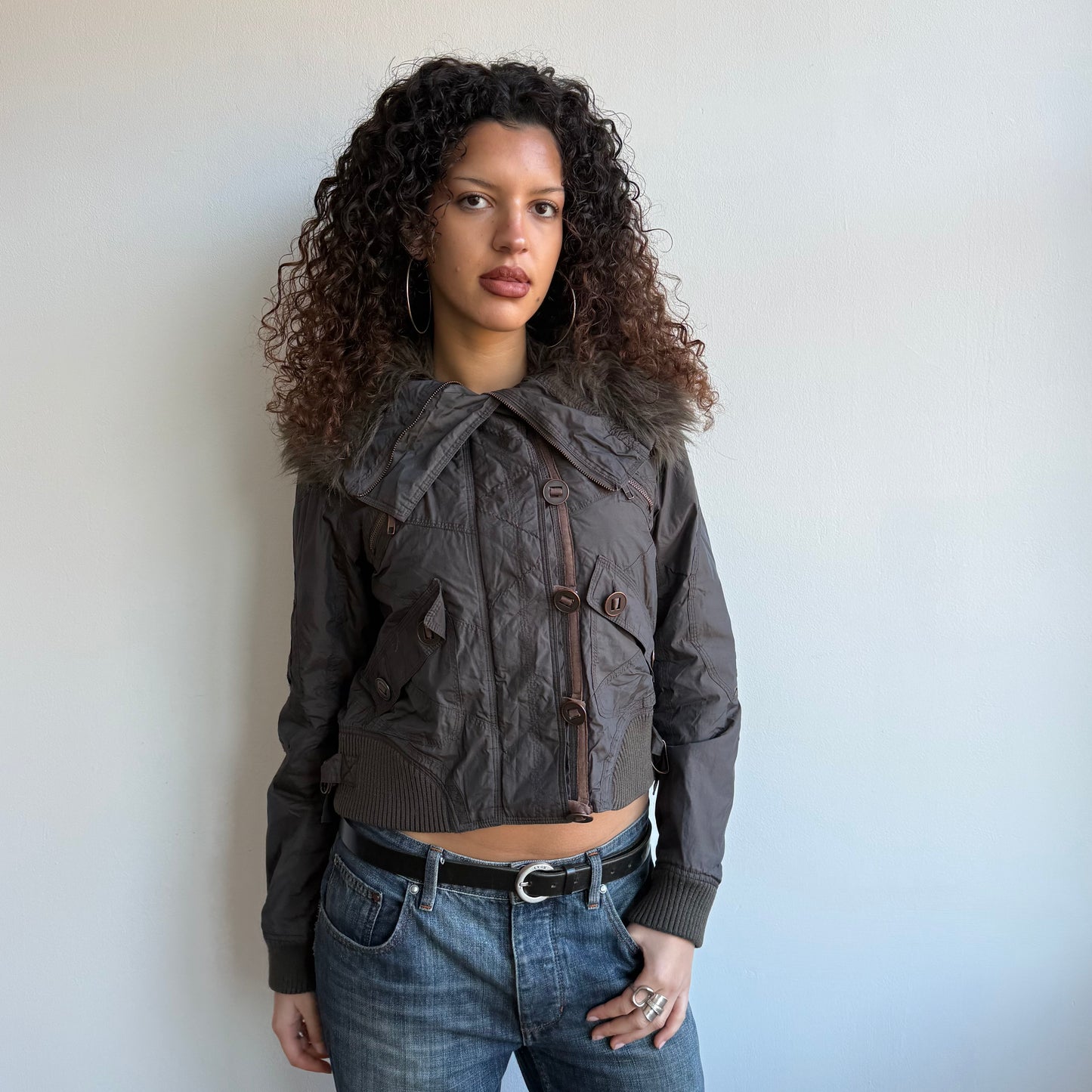 Brown fur collar bomber - Size M