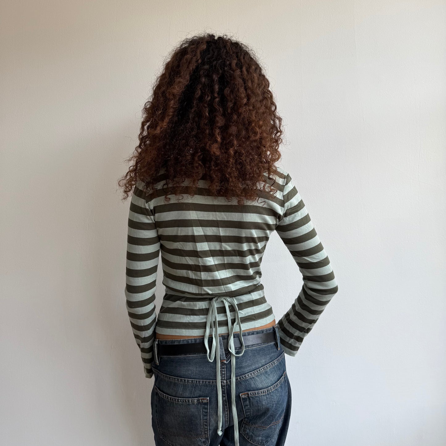 Green striped wrap tie-side top - Size S/M