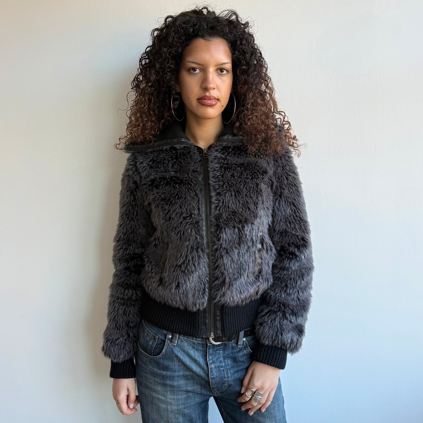 Black fur bomber - Size M