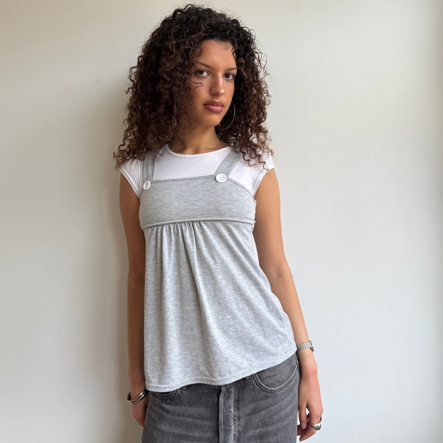 Grey + white dungaree top - Size S