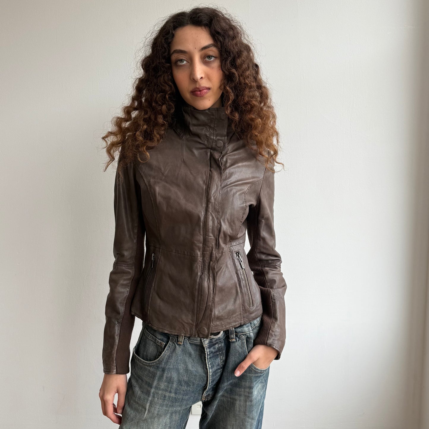 Brown leather asymmetric jacket - Size S
