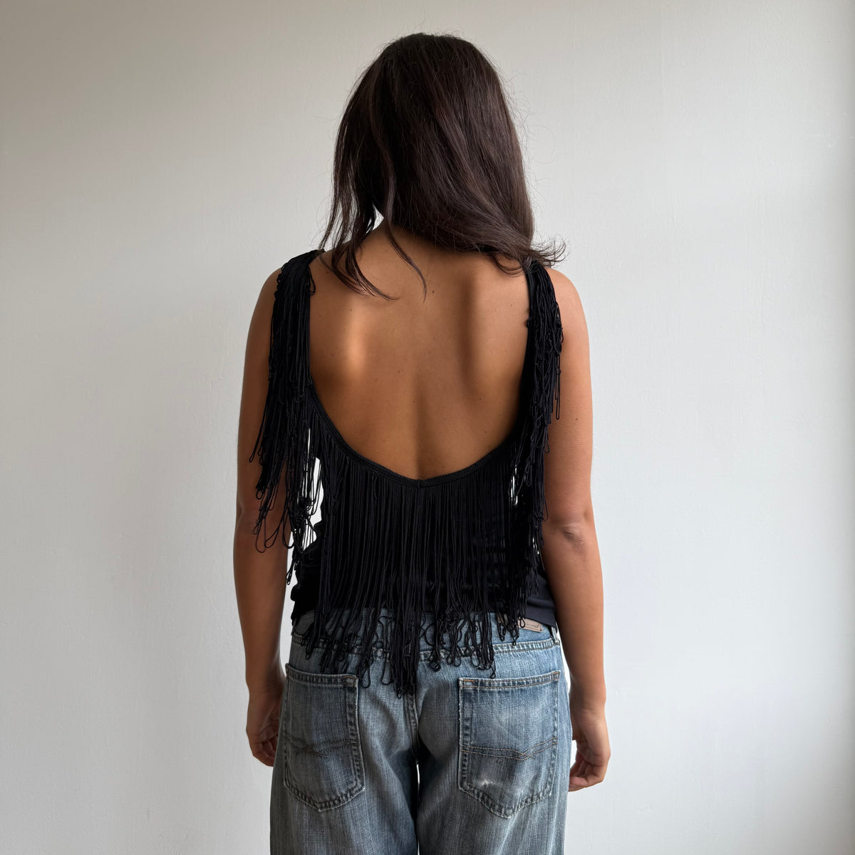 Black backless fringe top - Size S-M