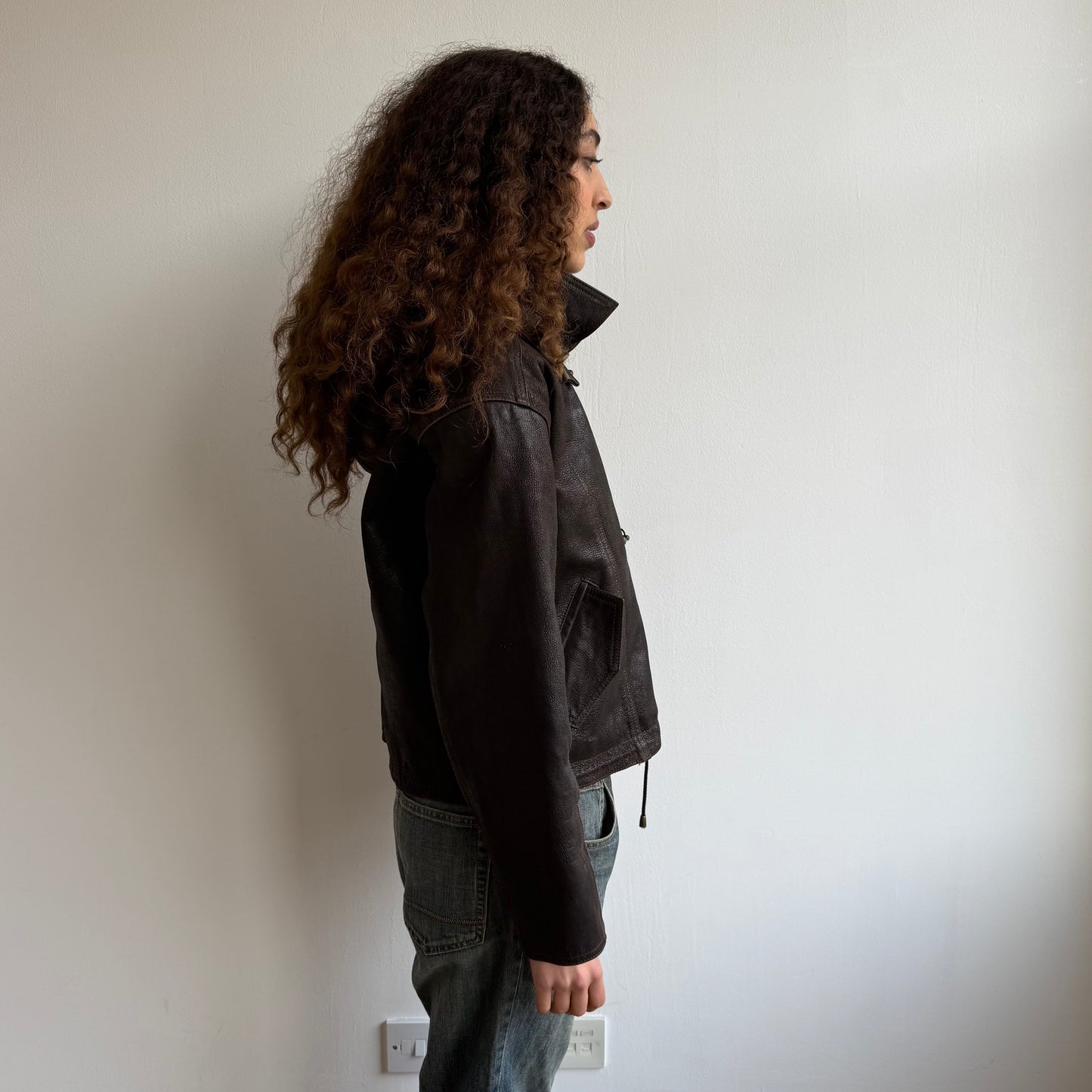 Brown leather fireman’s clasp bomber - Size M