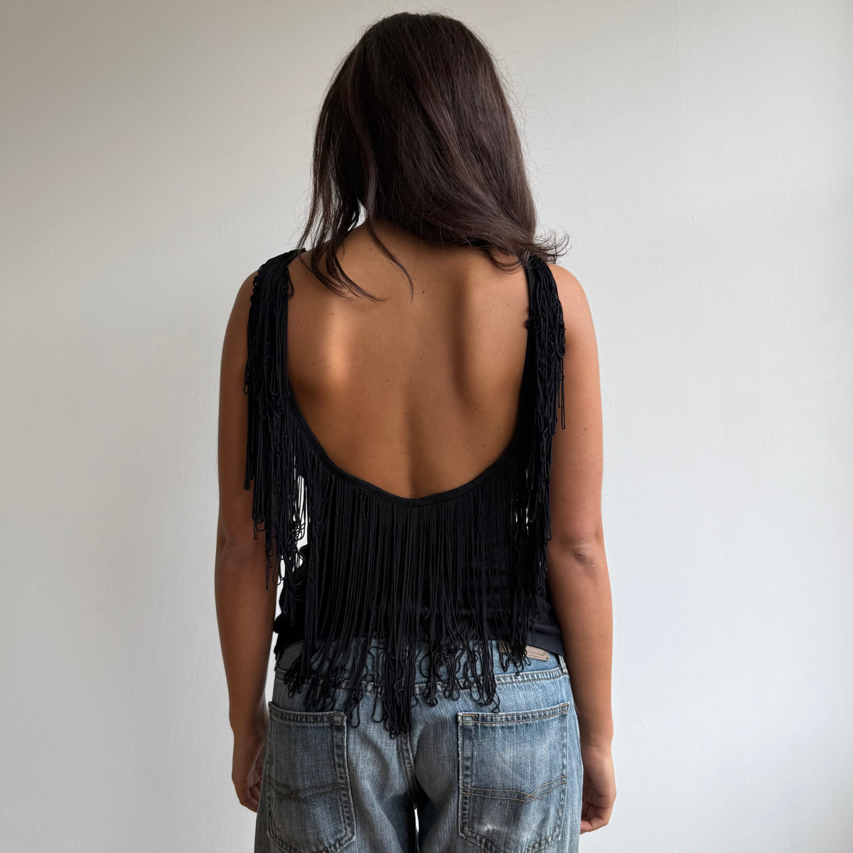 Black backless fringe top - Size S-M