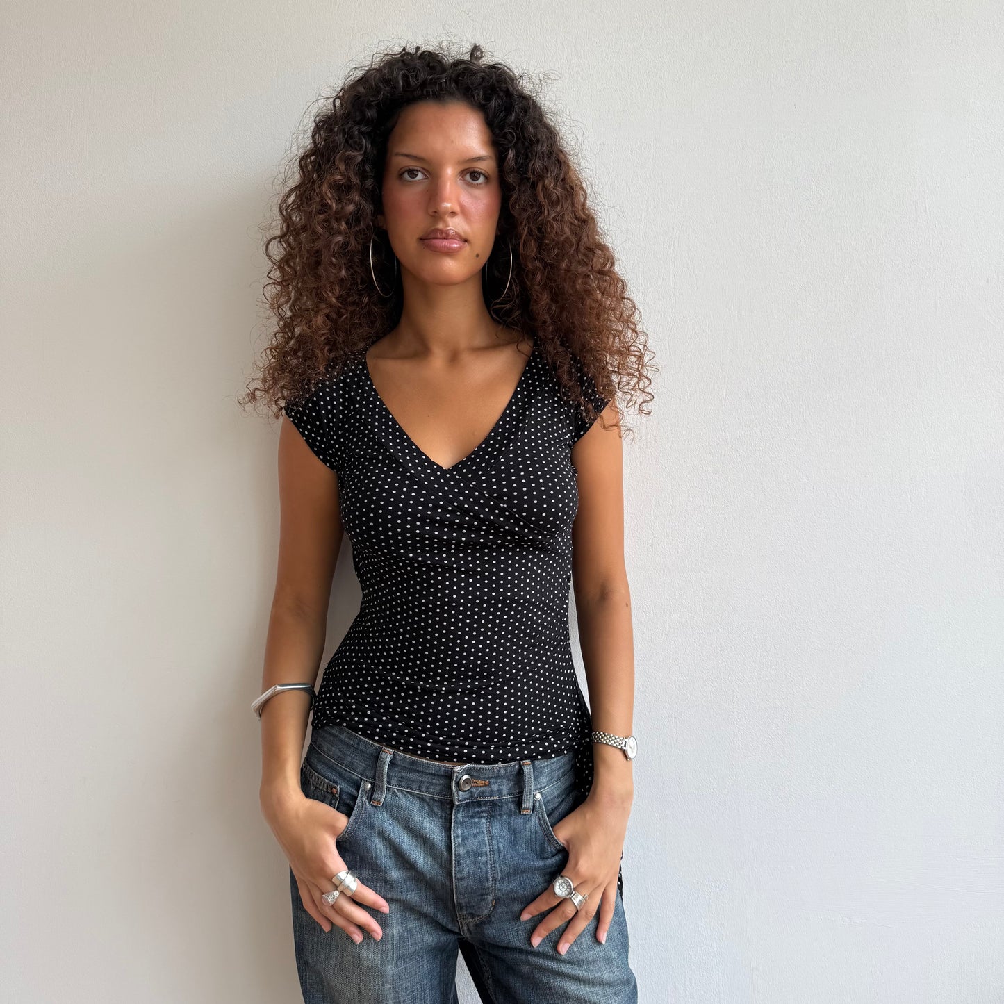 Micro polka dot tie side wrap top - Size M (1)