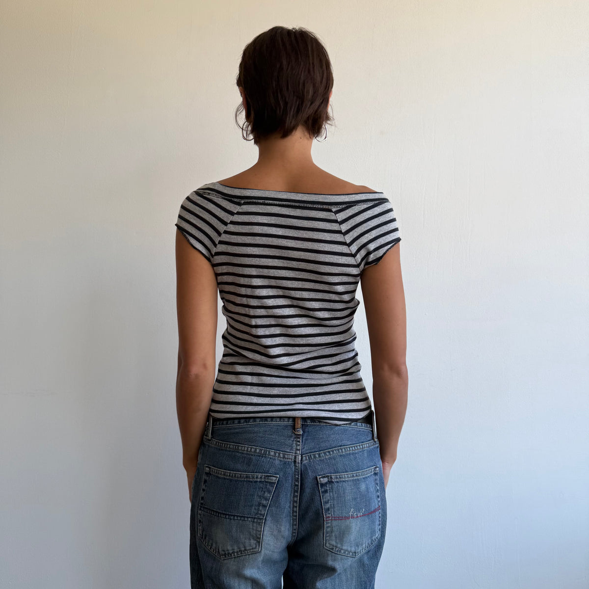 Navy + grey striped top - Size S-M