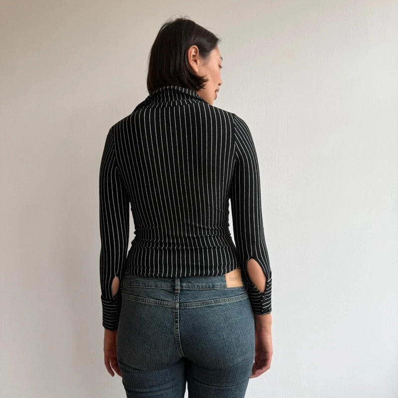 Black striped long sleeve collar top - Size S