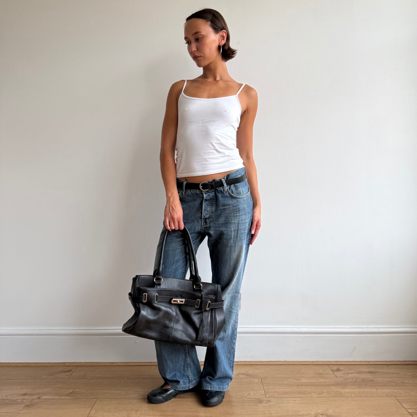 Black leather firkin bag - One Size