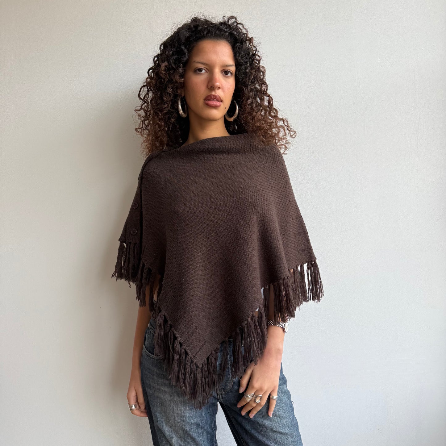 Brown tassel button poncho - One Size