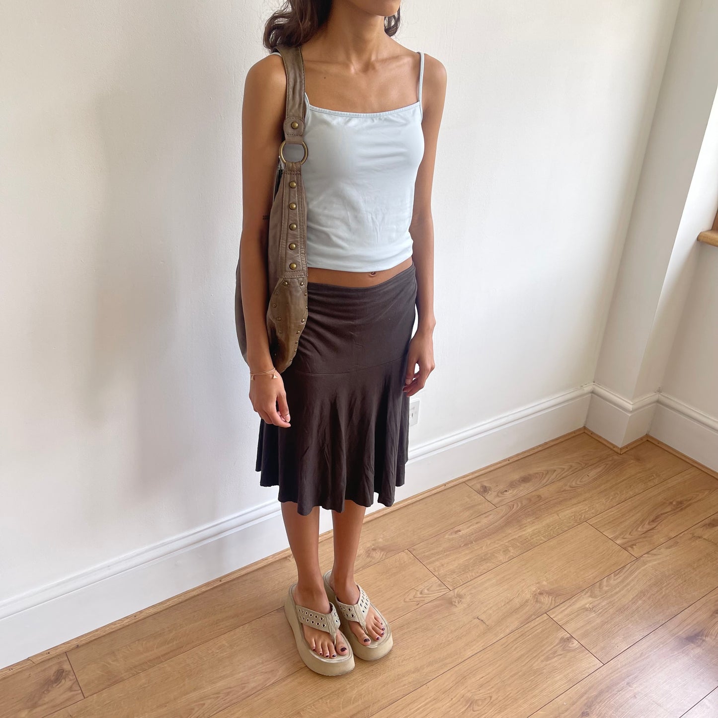 Brown ruched side midi skirt - Size M