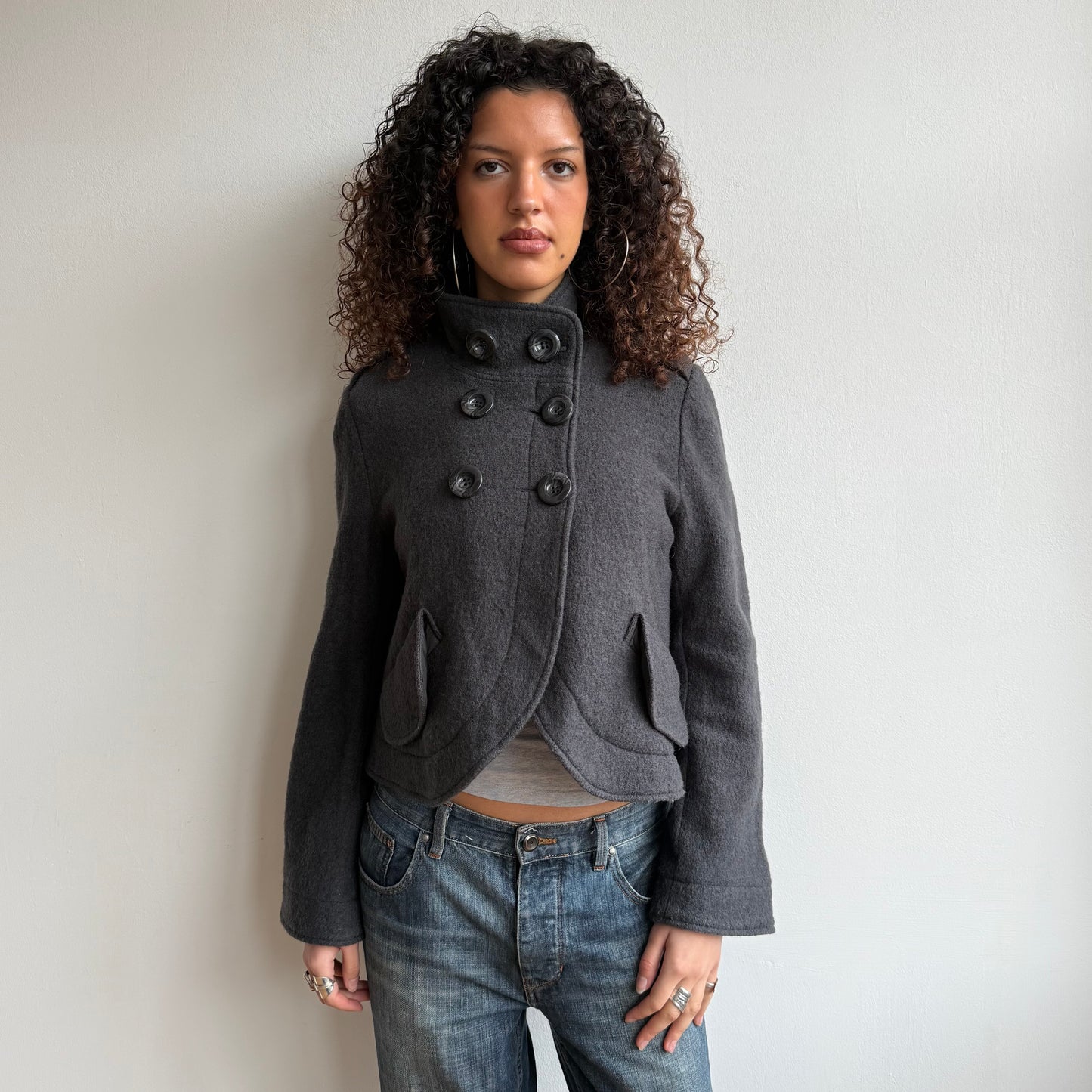 Grey wool asymmetric hem peacoat - Size S + M