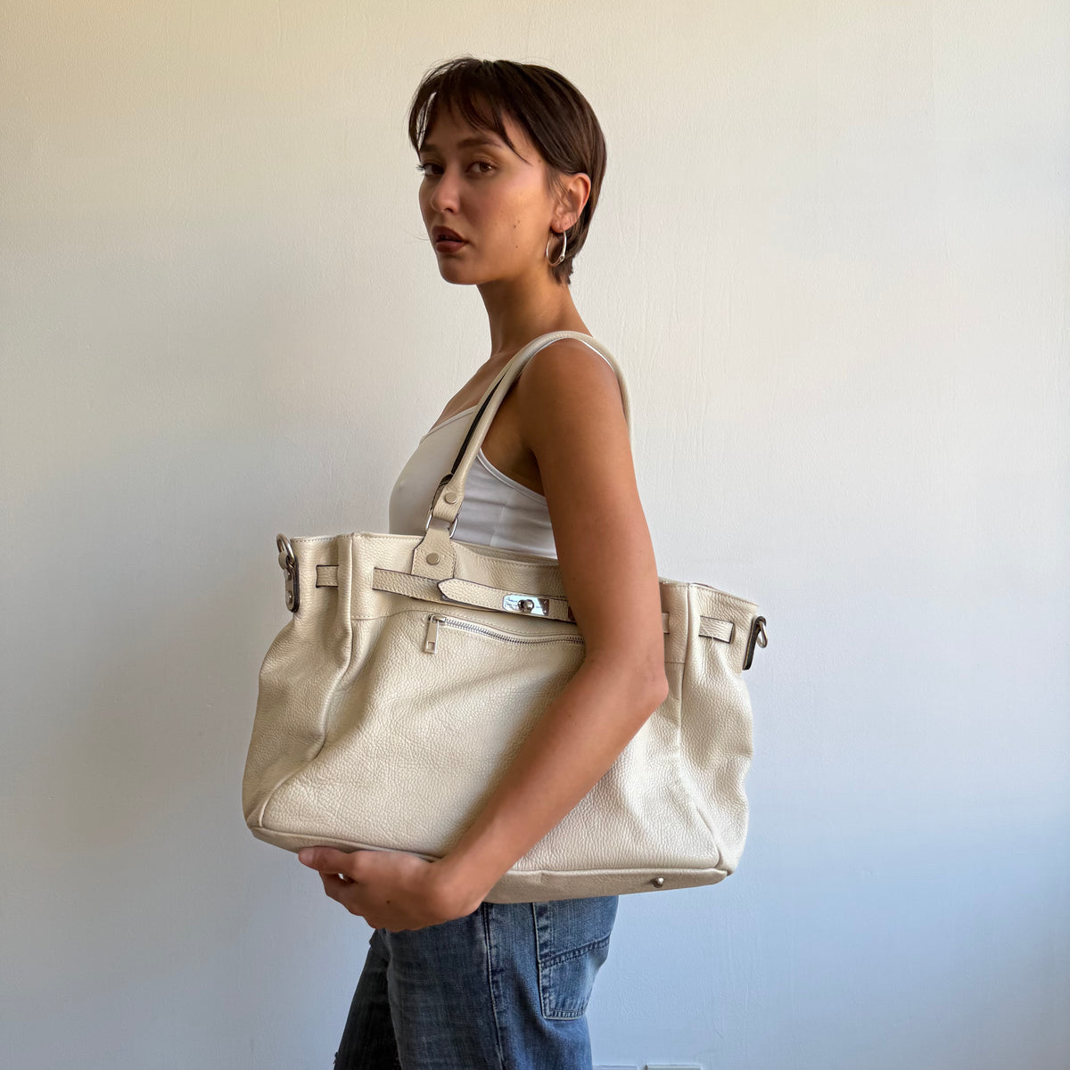 Cream leather firkin bag - One Size