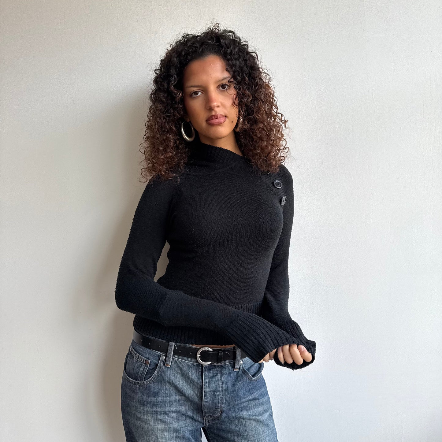 Black button knit hoodie - Size S