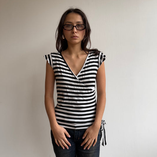 Black striped wrap short sleeve top - Size S