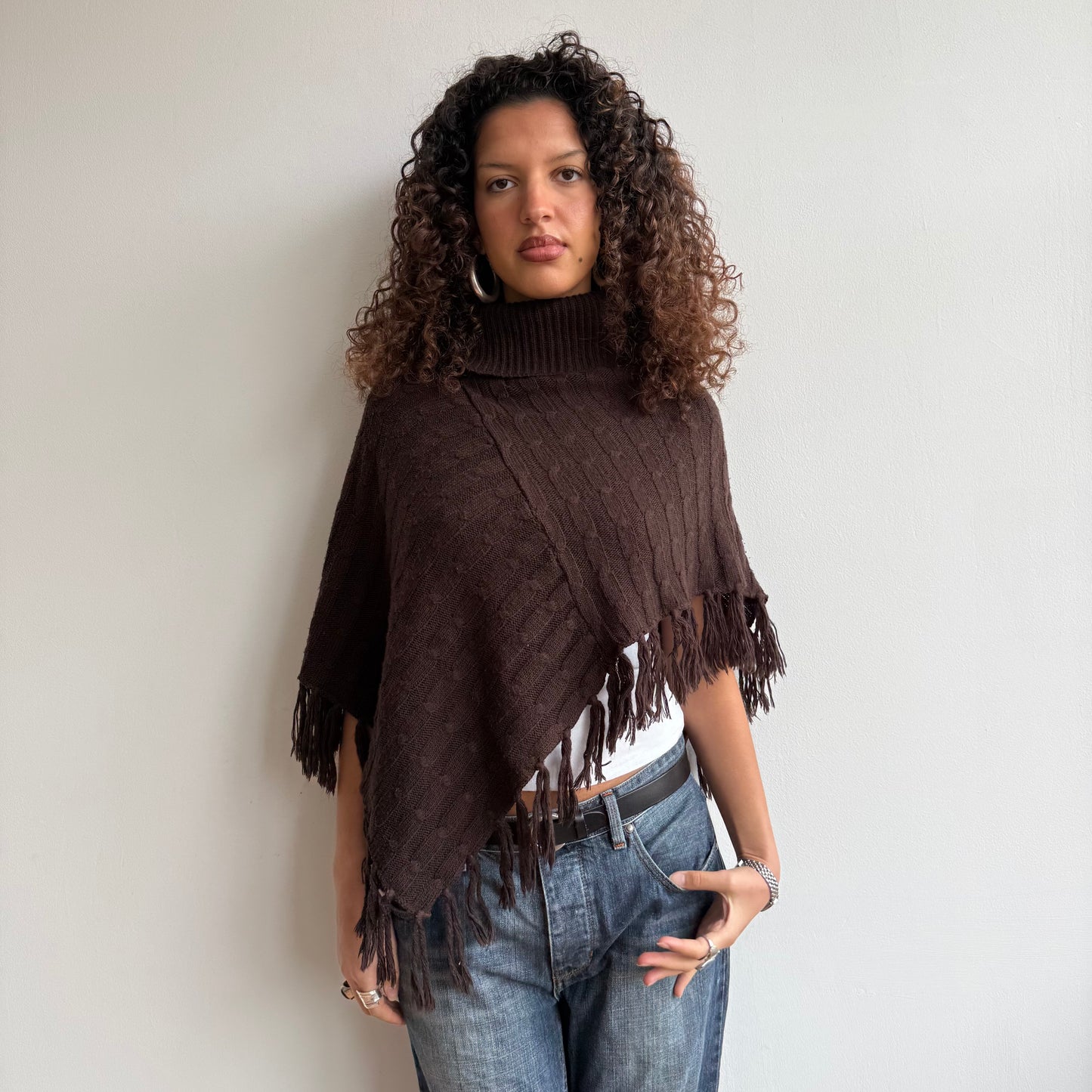 Brown knit roll neck poncho - One Size