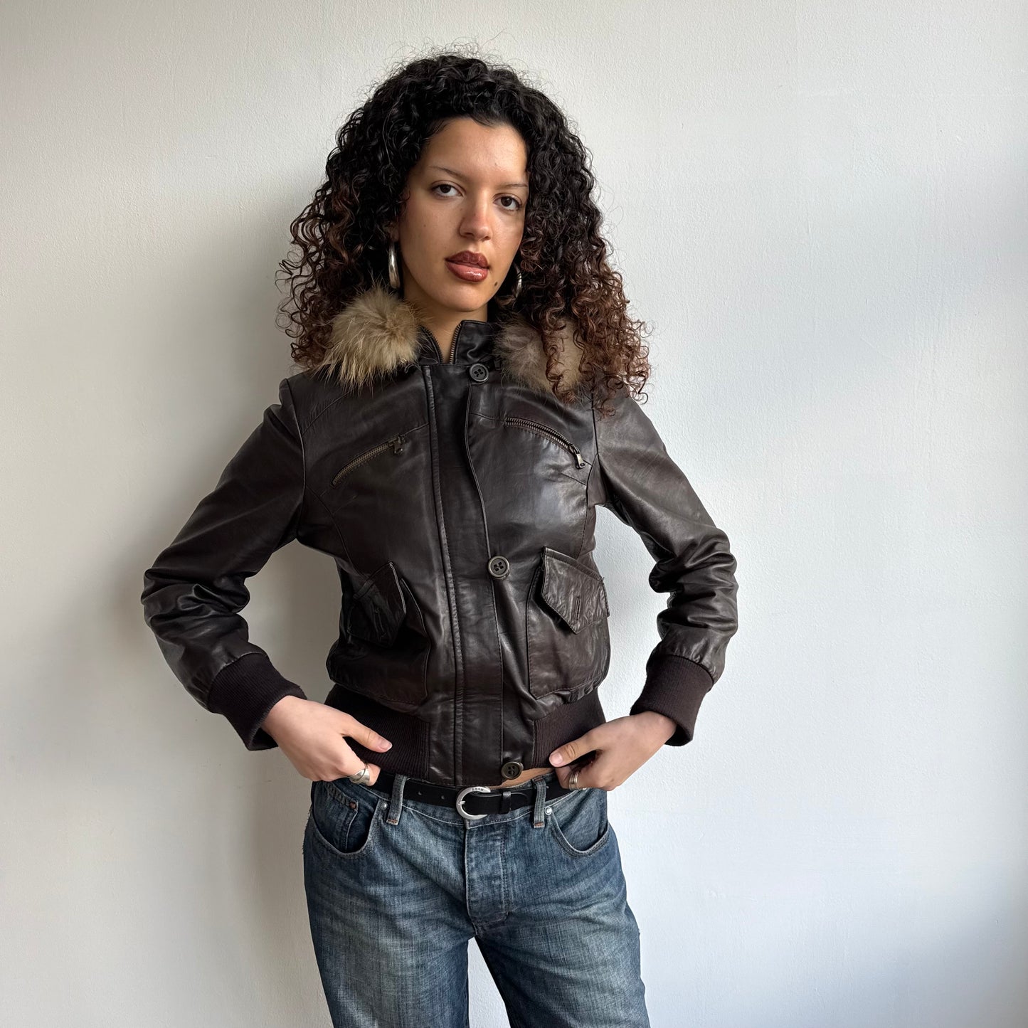 Dark brown leather zip fur hood jacket - Size M