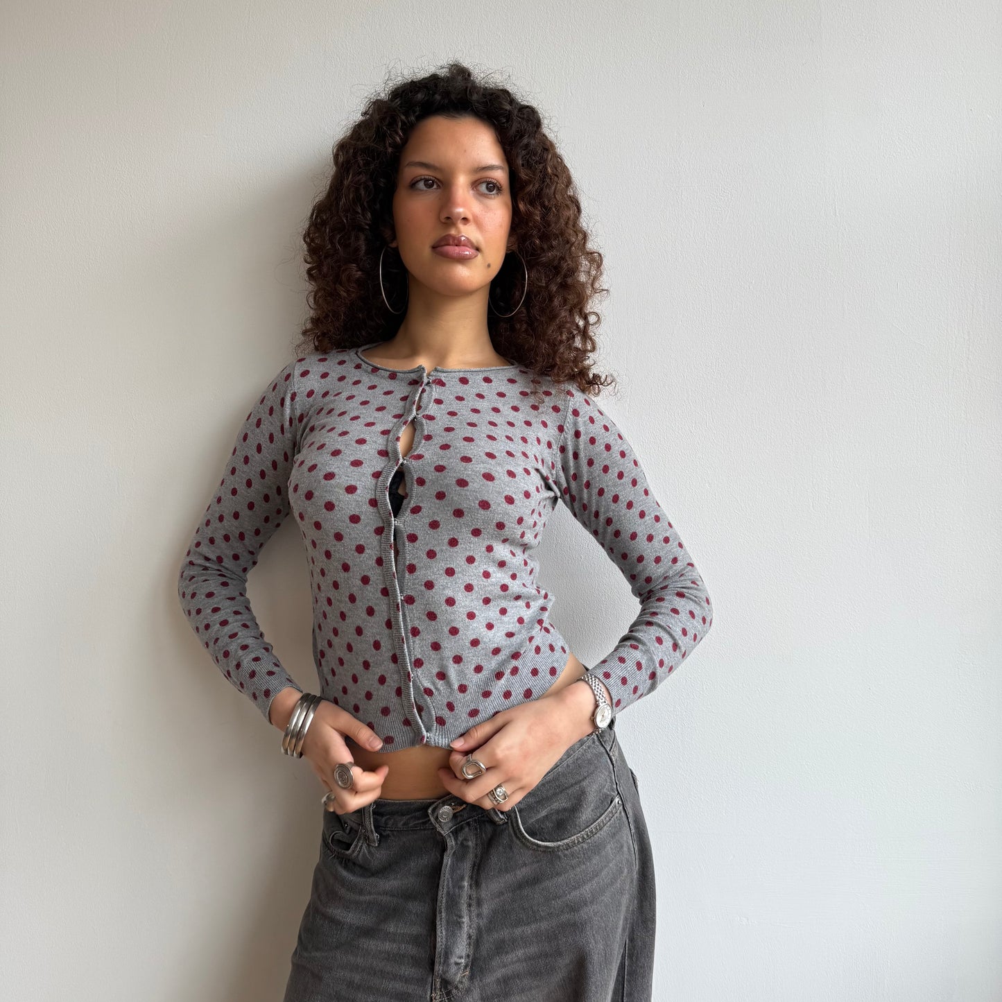 Burgundy polka dot cardi - Size S