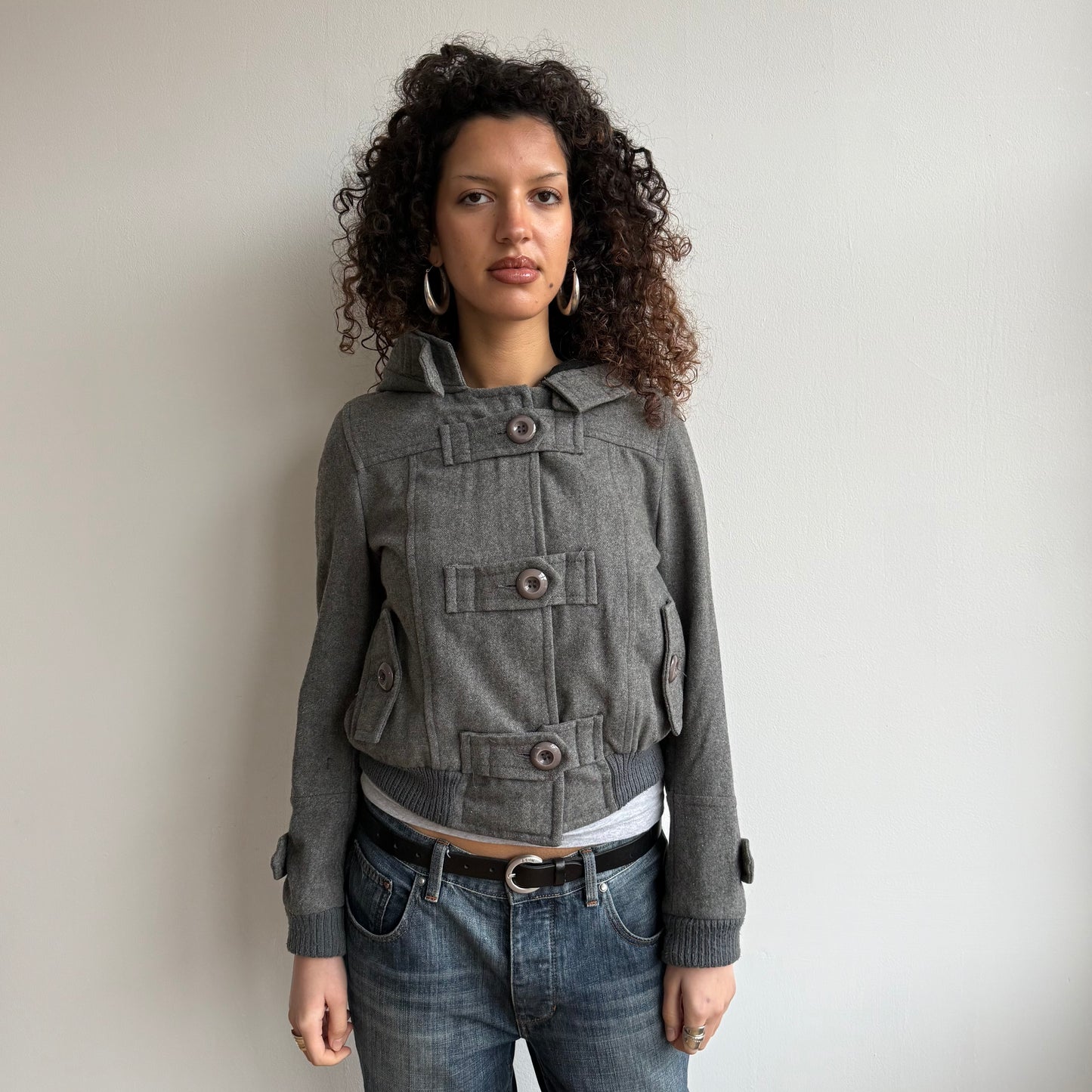 Grey button front hooded bomber - Size S/M