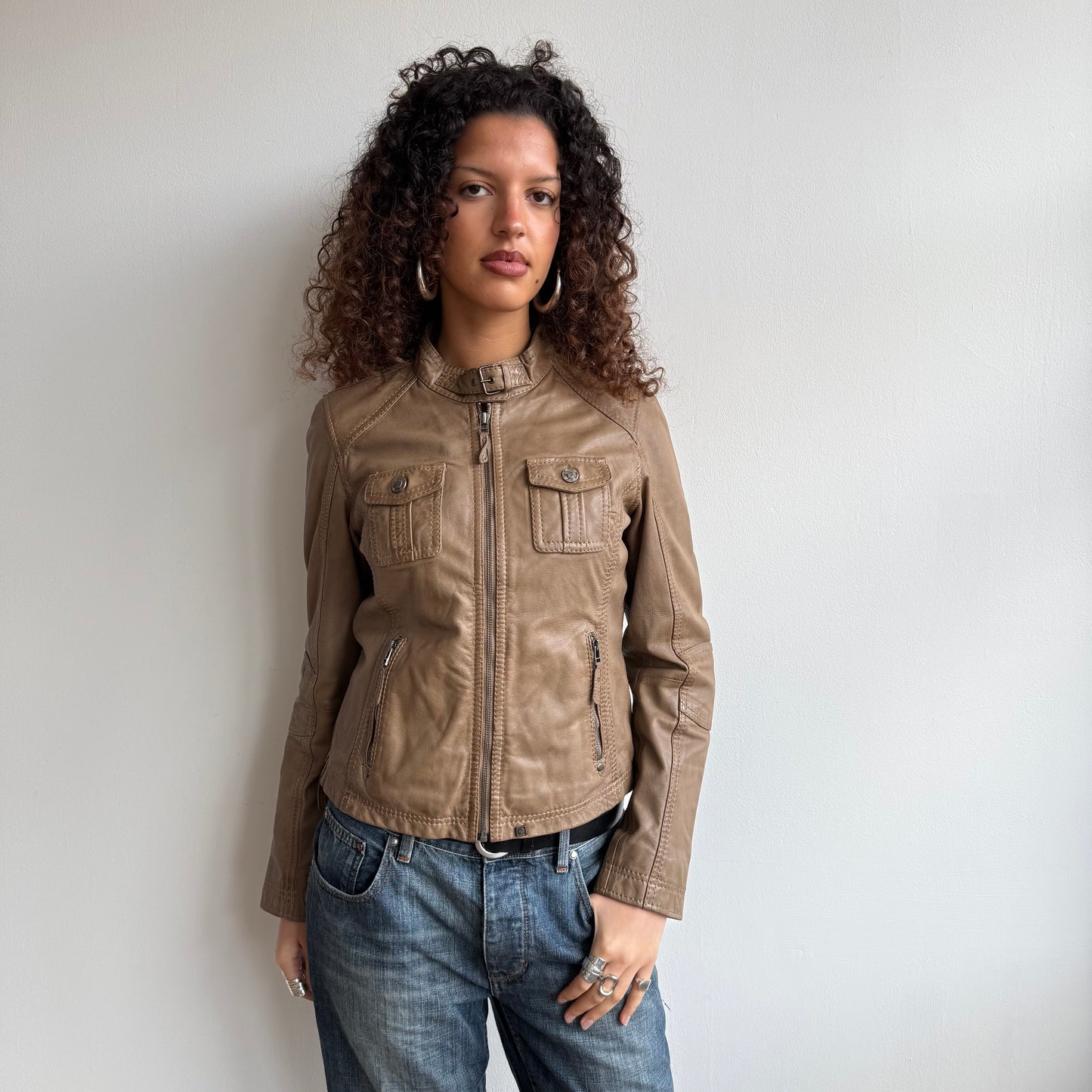 Brown leather moto jacket - Size M