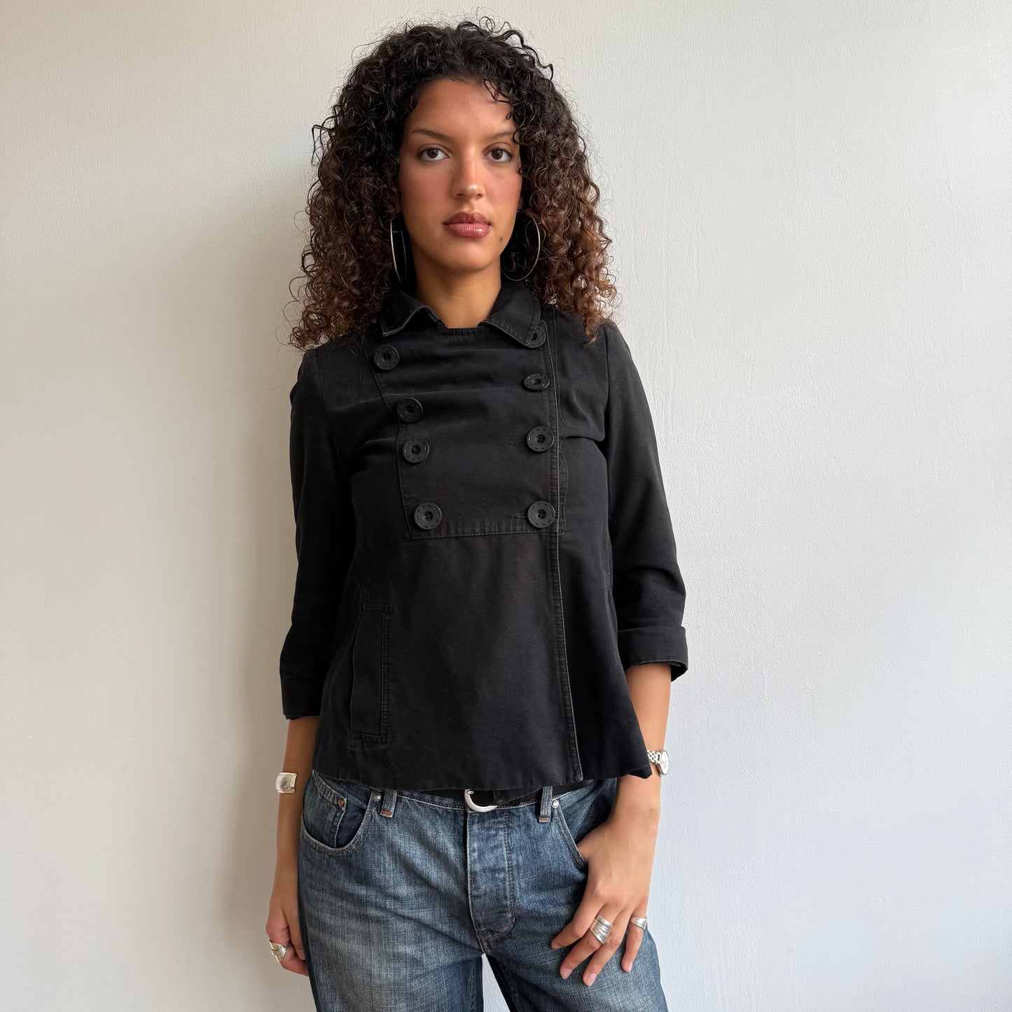 Black button front peacoat - Size S