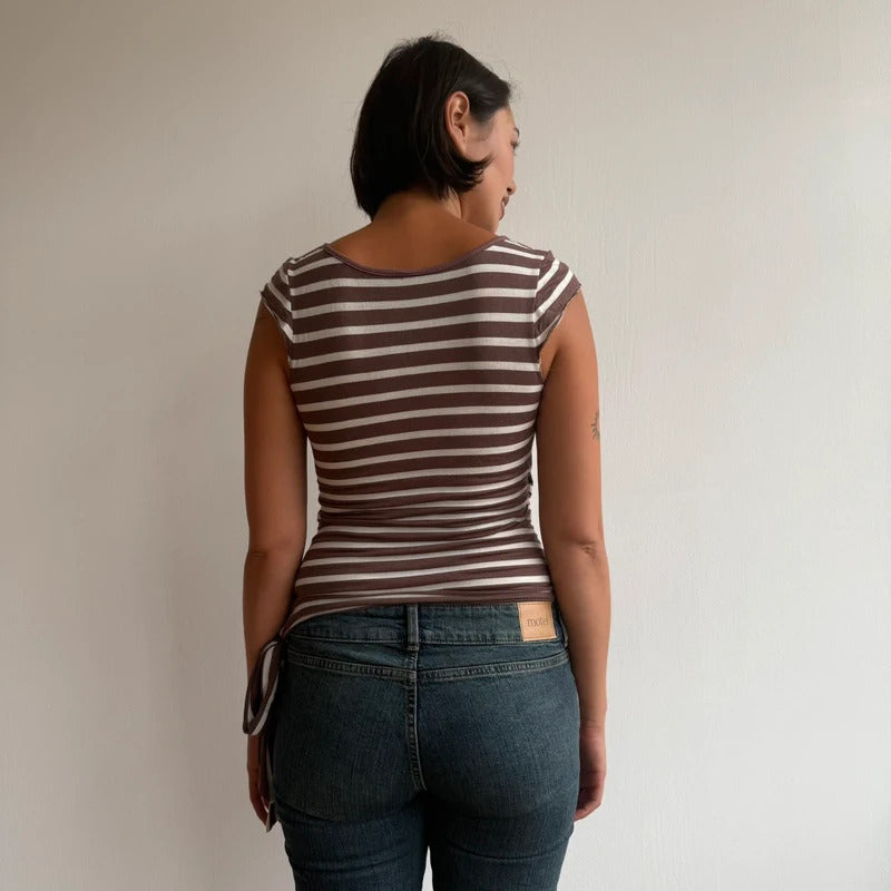 Brown and white striped ballet tie side top - Size S