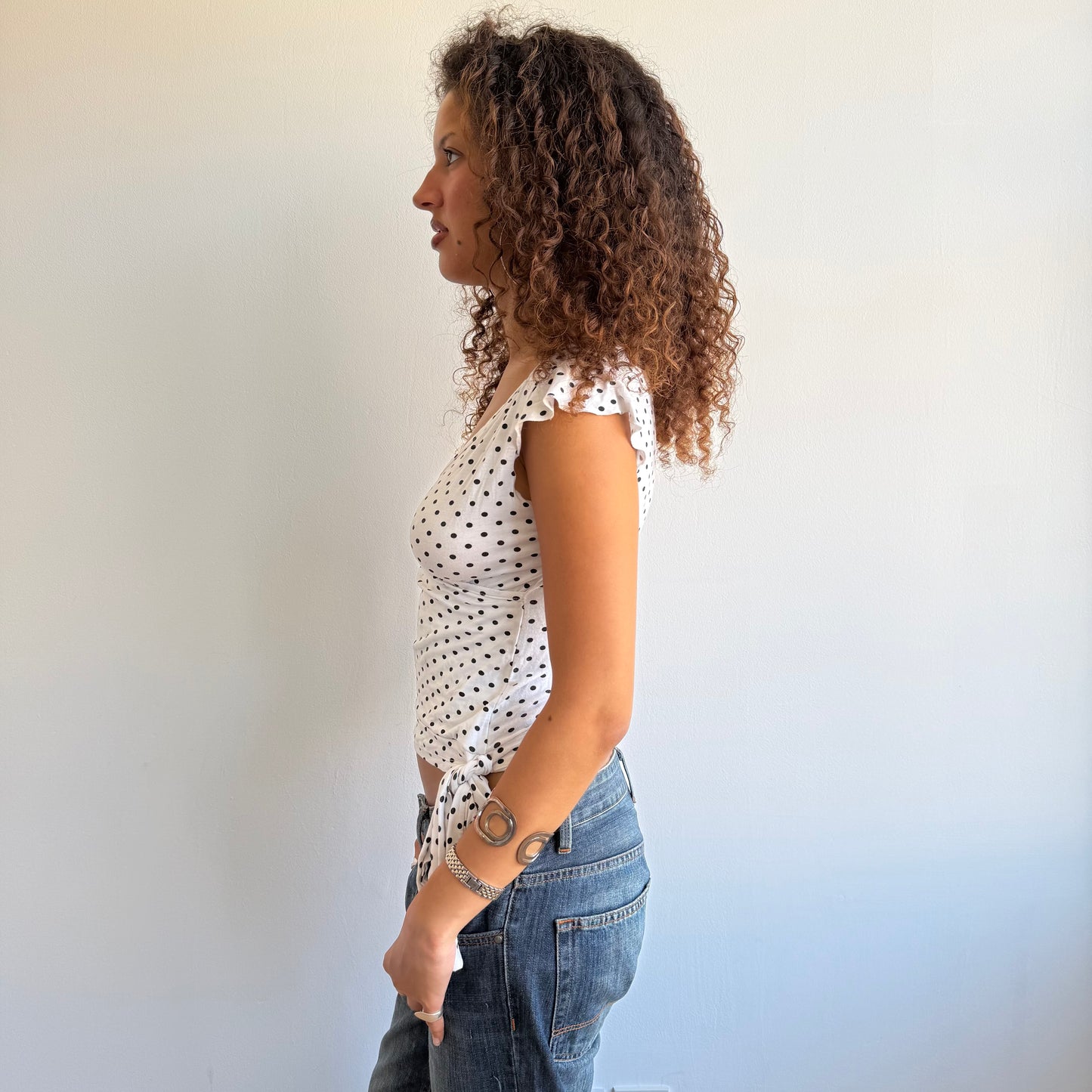 White polka dot wrap top - Size S + M