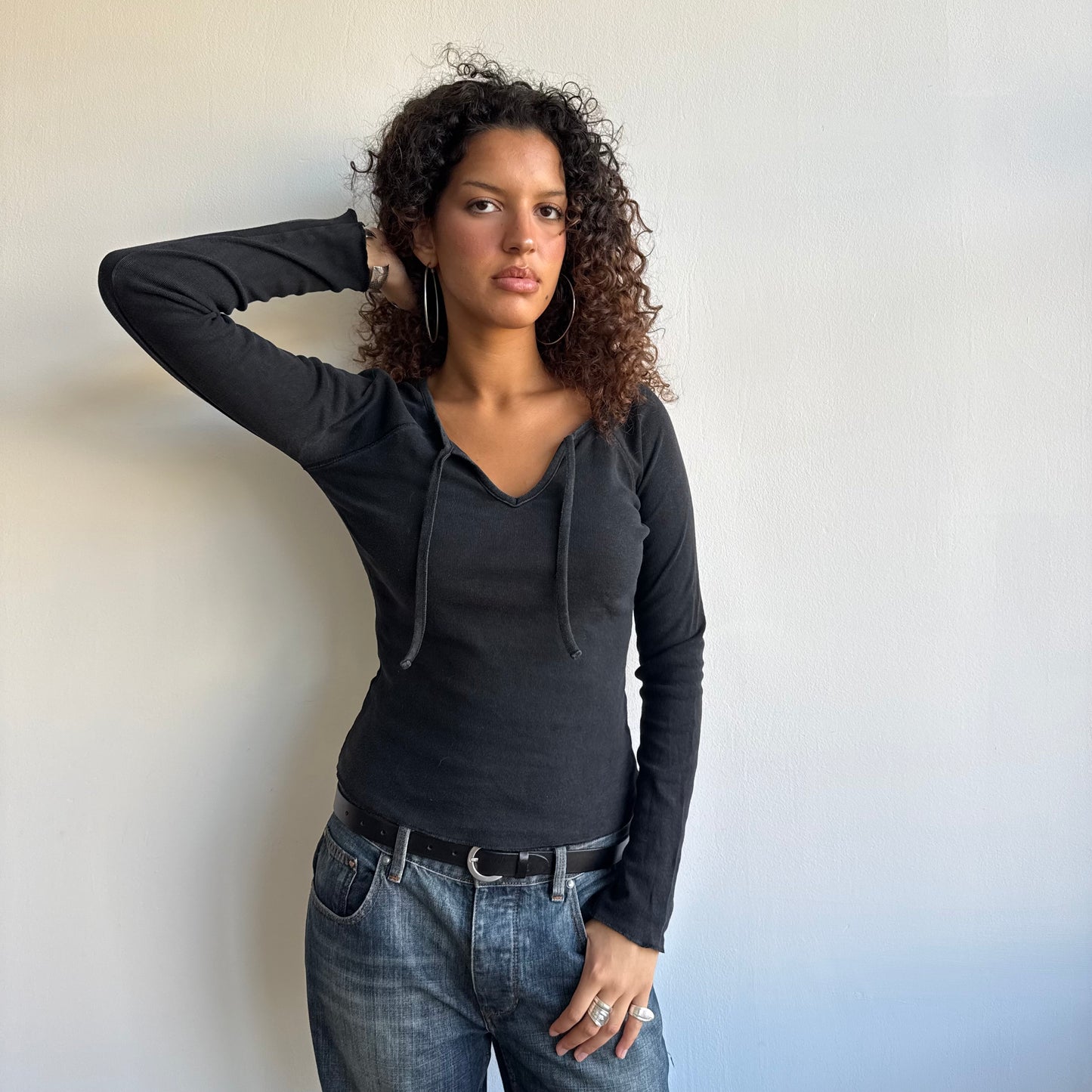 Black neck tie long sleeve top - Size S/M